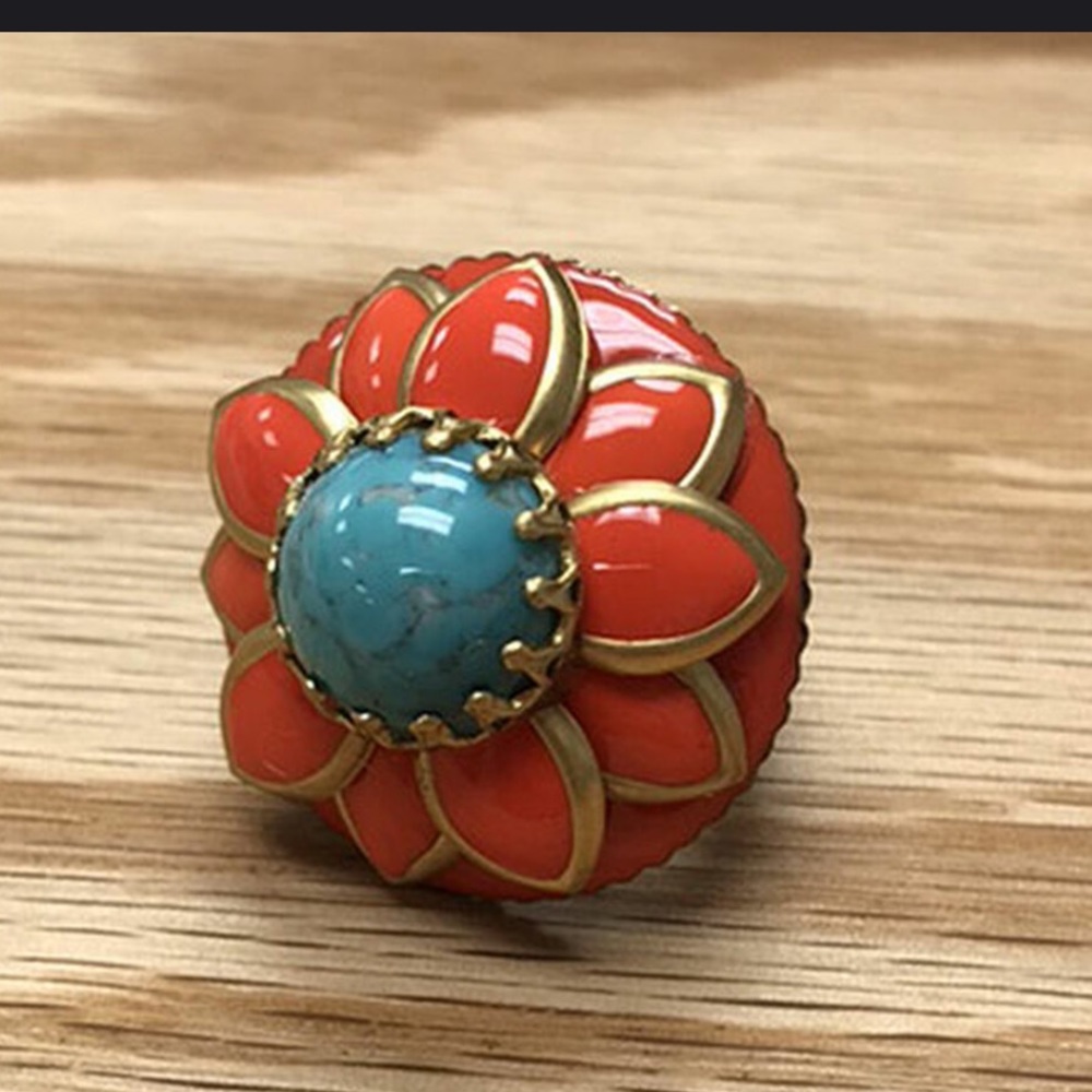 Antique Gold Coral and Turquoise Flower Ring-Boutique